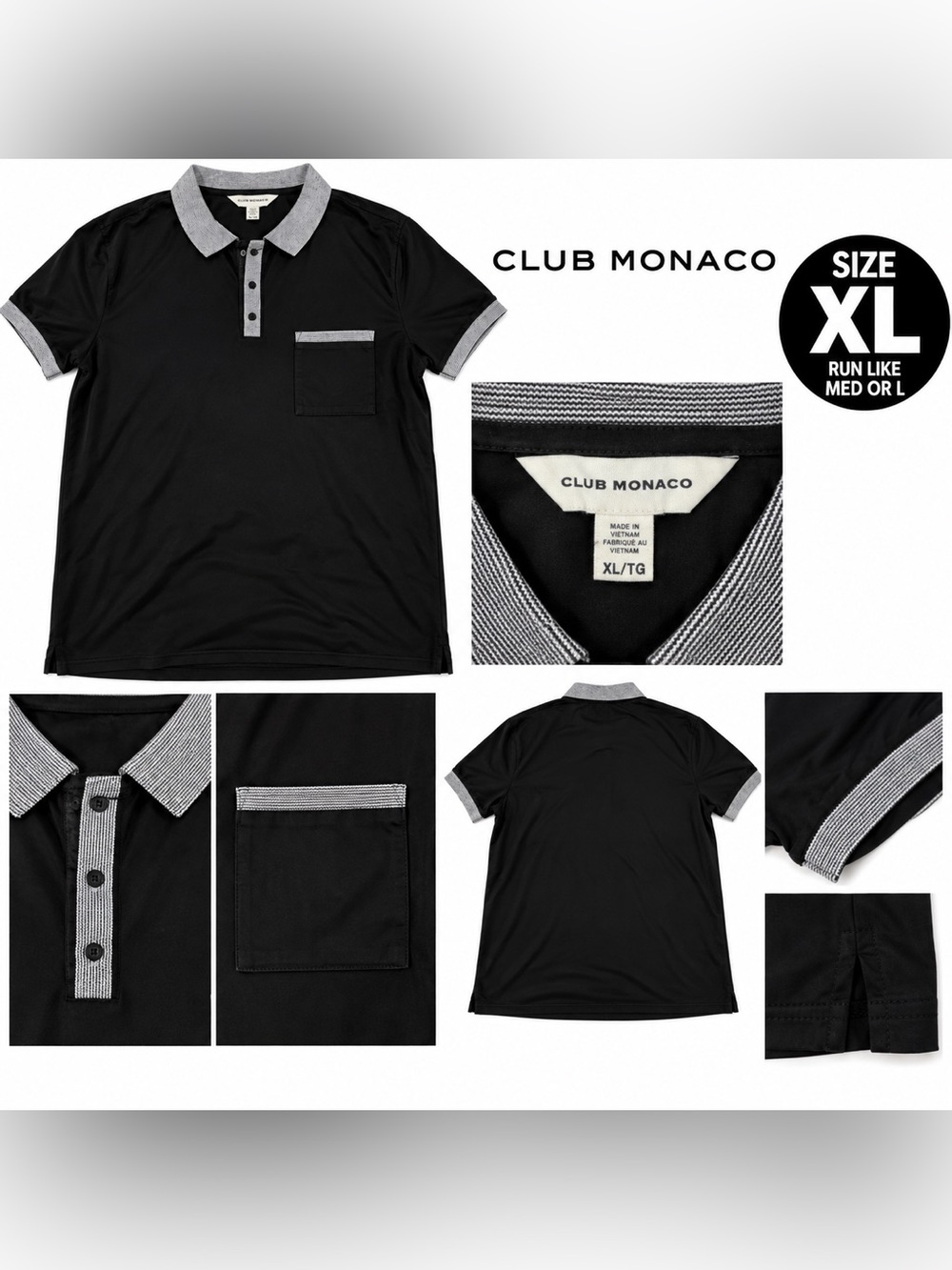 Club Monaco Black Polo with Heather Gray Contrast Collar & Trim